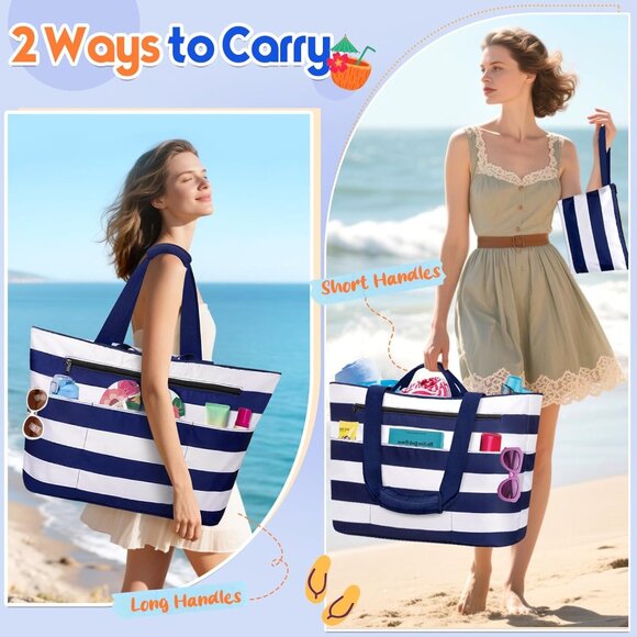Women's Blue White Waterproof Sandproof Xl Tote Zipper Foldable Beach Bags - Picture 2 of 8